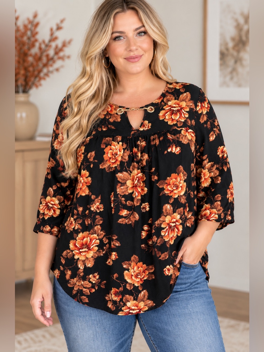 Torrid Size 00 Black Rust Floral Keyhole Chain Blouse Fall Boho Top